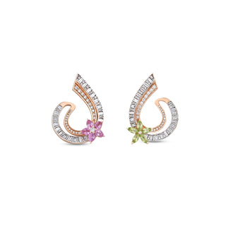 APPLE SEED ALLURE GOLD BAGUETTE DIAMOND PINK SAPPHIRE EARRINGS