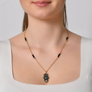 FATIMA'S HAND GOLD BLUE DIAMOND ONIX NECKLACE