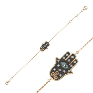 HAMSA GOLD BLUE DIAMOND BLACK ENAMEL BRACELET