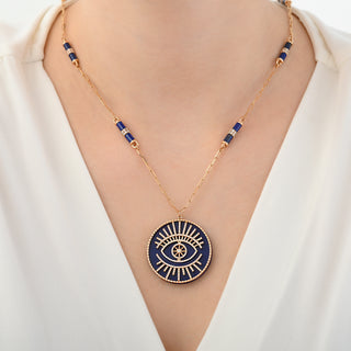 EYE LIGHT 18K GOLD DIAMOND LAPIS STATEMENT NECKLACE