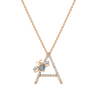 LETTER A GOLD DIAMOND BLUE TOPAZ SMALL NECKLACE