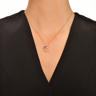 LETTER E GOLD DIAMOND AMETHYST NECKLACE