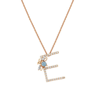LETTER E GOLD DIAMOND BLUE TOPAZ SMALL NECKLACE