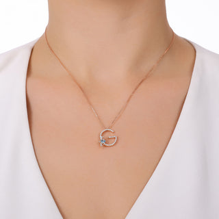 LETTER G GOLD DIAMOND BLUE TOPAZ NECKLACE