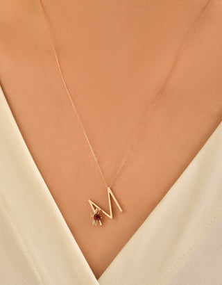 LETTER M GOLD DIAMOND GARNET NECKLACE