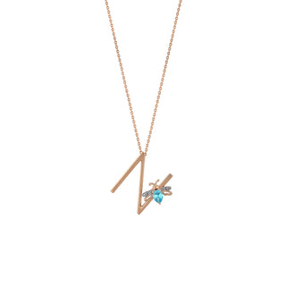 LETTER N GOLD DIAMOND BLUE TOPAZ NECKLACE
