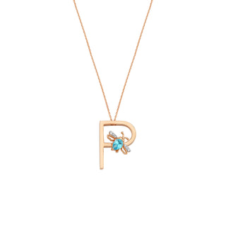 LETTER P GOLD DIAMOND BLUE TOPAZ NECKLACE