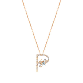 LETTER P GOLD DIAMOND BLUE TOPAZ SMALL NECKLACE