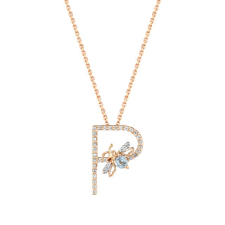 LETTER P GOLD DIAMOND BLUE TOPAZ SMALL NECKLACE