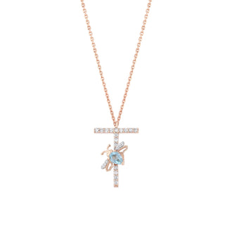 LETTER T GOLD DIAMOND BLUE TOPAZ NECKLACE