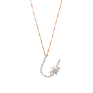 LETTER U GOLD DIAMOND BLUE TOPAZ NECKLACE