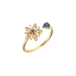 APPLE SEED BLOSSOM GOLD BAGUETTE DIAMOND SAPPHIRE RING