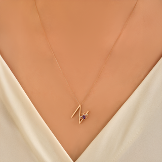 LETTER N GOLD DIAMOND AMETHYST NECKLACE