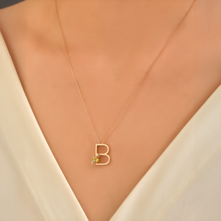 LETTER B GOLD DIAMOND PERIDOT NECKLACE