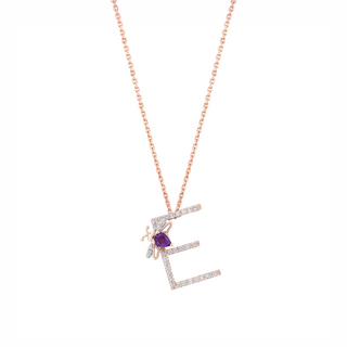 LETTER E GOLD DIAMOND AMETHYST NECKLACE