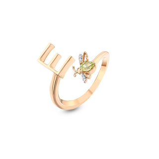 LETTER E GOLD DIAMOND PERIDOT PINKY RING