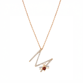 LETTER M GOLD DIAMOND GARNET SMALL NECKLACE