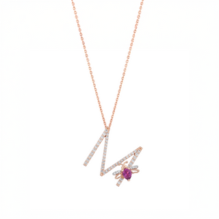 LETTER M GOLD DIAMOND RHODOLITE NECKLACE