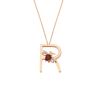 LETTER R GOLD DIAMOND GARNET NECKLACE