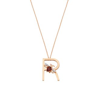 LETTER R GOLD DIAMOND GARNET NECKLACE