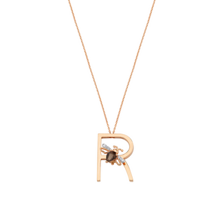 LETTER R GOLD DIAMOND SMOKY TOPAZ NECKLACE