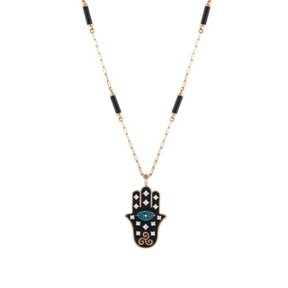 FATIMA'S HAND GOLD BLACK DIAMOND ONIX NECKLACE