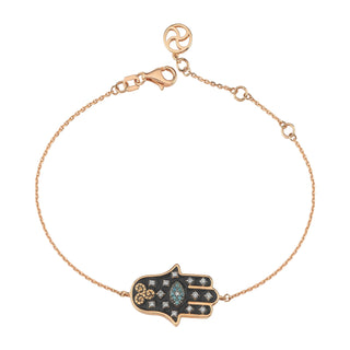 HAMSA GOLD BLUE DIAMOND BLACK ENAMEL BRACELET