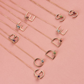 LETTER O GOLD DIAMOND BLUE TOPAZ NECKLACE