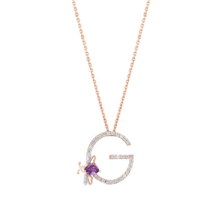 LETTER G GOLD AMETHYST DIAMOND NECKLACE