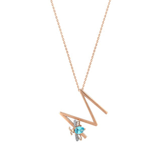 LETTER M GOLD BLUE TOPAZ NECKLACE