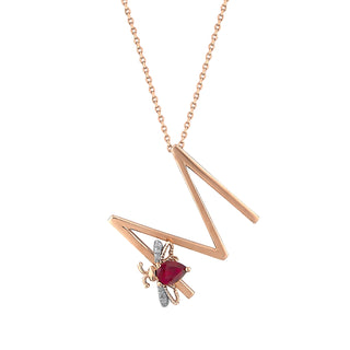 LETTER M GOLD GARNET DIAMOND NECKLACE