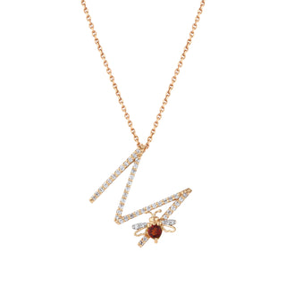 LETTER M GARNET GOLD DIAMOND NECKLACE