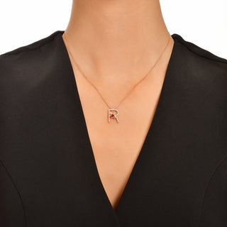 LETTER R GOLD GARNET DIAMOND NECKLACE