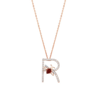 LETTER R GOLD GARNET DIAMOND NECKLACE