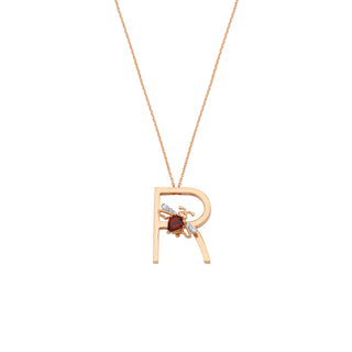 LETTER R GOLD GARNET NECKLACE