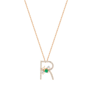 LETTER R EMERALD GOLD DIAMOND XSMALL NECKLACE