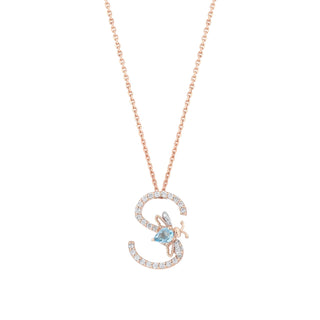 LETTER S GOLD BLUE TOPAZ DIAMOND NECKLACE