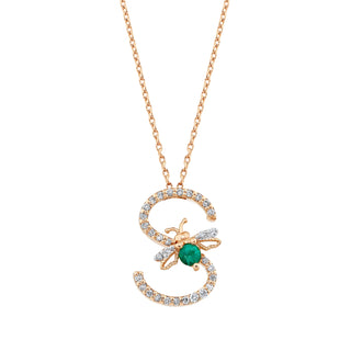 LETTER S GOLD EMERALD DIAMOND NECKLACE