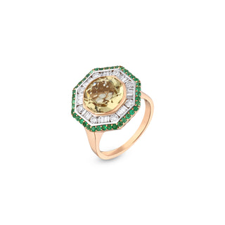 HONEYCOMB 18K GOLD BAGUETTE DIAMOND PERIDOT EMERALD RING