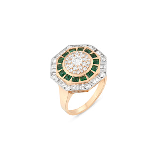 HONEYCOMB GOLD BAGUETTE DIAMOND EMERALD PINKY RING