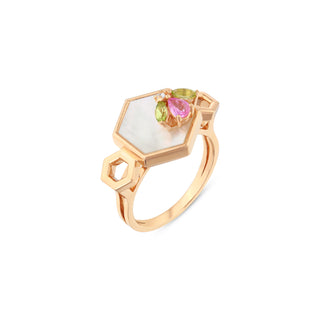 HONEYCOMB PERIDOT PEARL PINK SAPPHIRE GOLD DIAMOND RING