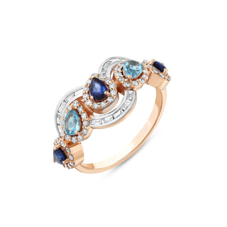 PEACOCK GOLD DIAMOND BLUE TOPAZ SAPPHIRE RING