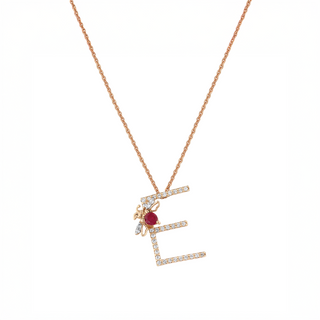 LETTER E GOLD DIAMOND RUBY NECKLACE
