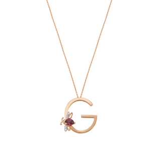 LETTER G GOLD DIAMOND RHODOLITE NECKLACE