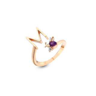 LETTER M GOLD DIAMOND AMETHYST PINKY RING