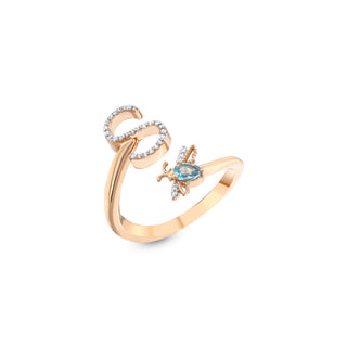 LETTER S GOLD DIAMOND BLUE TOPAZ RING