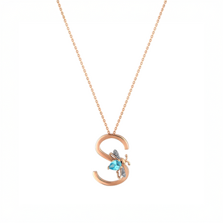 LETTER S GOLD DIAMOND BLUE TOPAZ NECKLACE